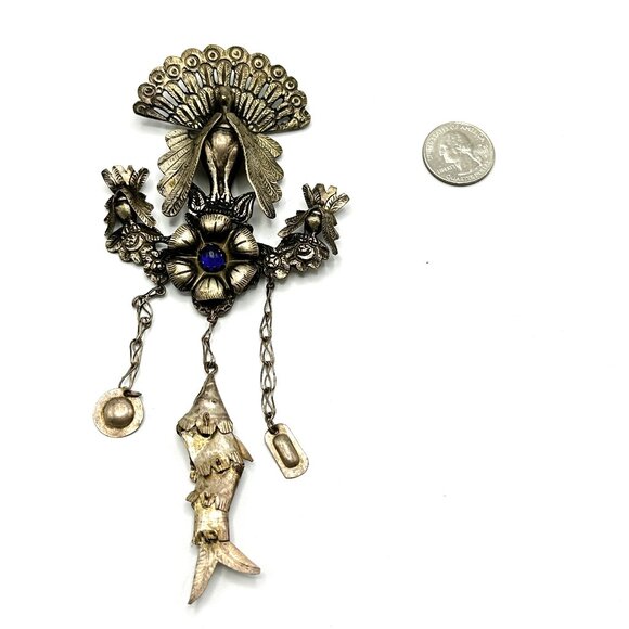 Vintage Peruvian Silver Peacock Tupu Brooch – XL Shawl Pin with Articulated Fish - Picture 3 of 11